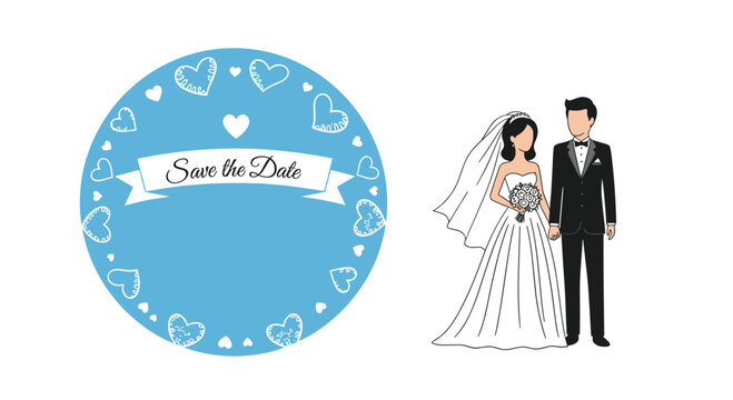 Romantic wedding invitation template with a bride and groom standing beside a blue save the date seal.
