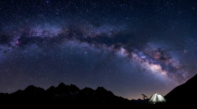 A clear, dark night sky with the Milky Way galaxy stretching across, thousands of stars visible. No light pollution, deep blue-purple tones. Astrophotography style, for science or adventure themes.