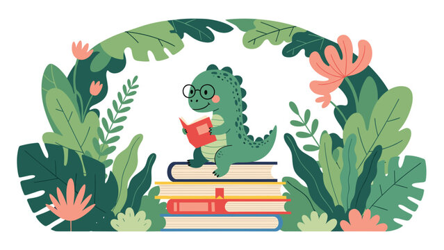 Small green dinosaur wearing glasses sits on a stack of books reading a story surrounded by large tropical leaves and flowers.