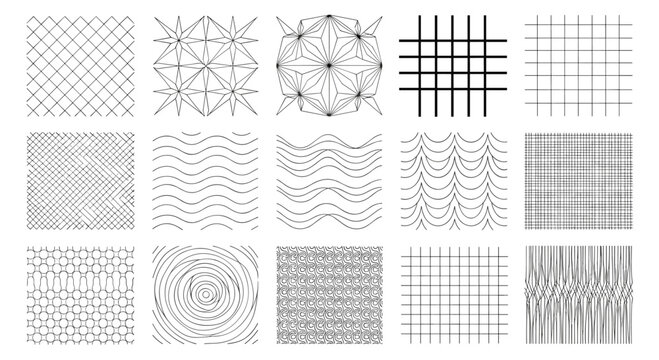 Collection of fifteen black and white geometric patterns ranging from simple grids to complex wave lines.