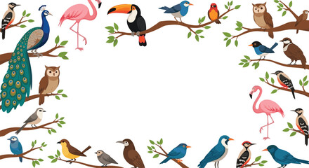 Fototapeta premium Colorful collection of diverse bird species including a peacock, flamingo, toucan, owl, and various songbirds perched on leafy branches.