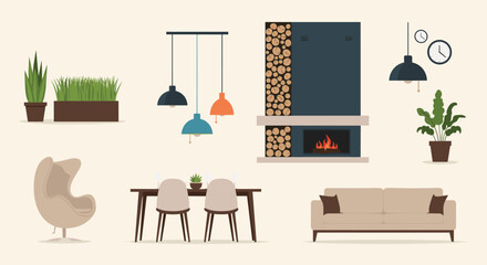 Fototapeta premium Collection of home interior elements including indoor plants, modern pendant lights, a fireplace with wood logs, a sofa, and a dining set.