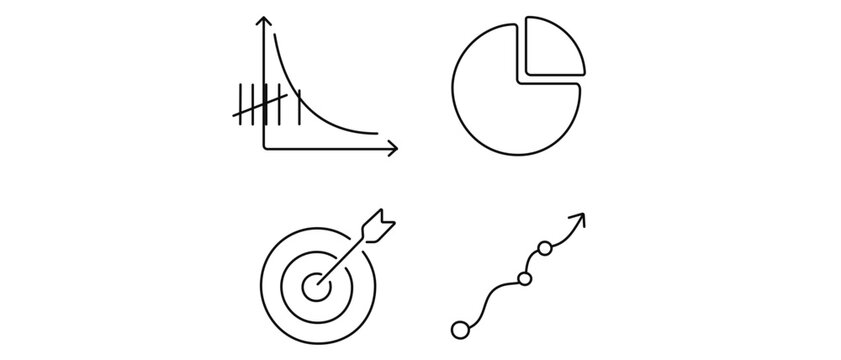 Professional vector icon set featuring editable stroke line illustrations of loss function graphs, error rate tally, convergence target bullseye, and stochastic gradient descent steps.
