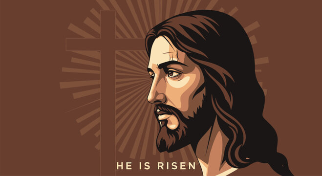 Reverent portrait of Jesus Christ in profile against a stylized cross and sunburst background with the text He Is Risen.