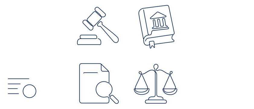 Legal research and law collection of 4 icons featuring a gavel, justice scale, and books with an editable stroke design for professional attorney services and courthouse symbol representation.