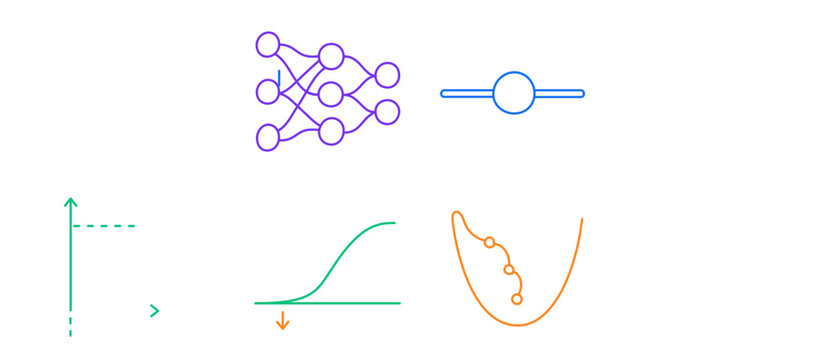 Sophisticated vector icon set with editable stroke including neural weight tuning nodes, activation curve graphs, sliding weight knobs, and gradient descent arrows for data science apps.