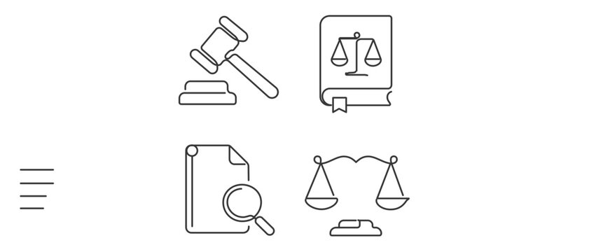 Professional vector icon set for legal services and law research featuring a judge gavel, scales of justice, and court documents in a flat minimalist style for modern corporate branding design.