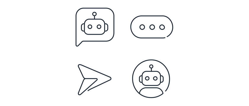 Robot chatbot interface and automated assistant collection of 4 icons with editable stroke featuring avatar profiles and message bubbles for modern technology in a vector icon set bundle.