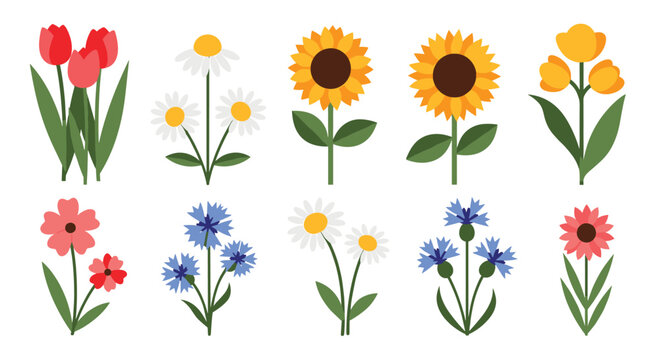 Beautiful collection of diverse garden flowers including tulips, daisies, sunflowers, and cornflowers in various vibrant colors.