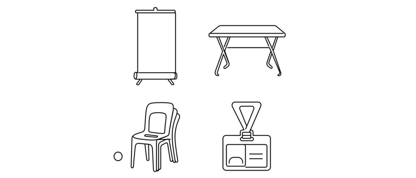 Corporate event setup vector icon set with editable stroke highlighting a rollup banner stand, collapsible trestle table, stackable chair, and PVC ID card for professional office organization.