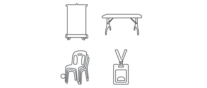 Professional corporate event setup vector icon set with editable stroke. This collection of 4 icons features a rollup banner stand, collapsible trestle table, plastic chair, and PVC ID badge card.