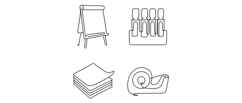 Creative brainstorming workshop collection of 4 icons with editable stroke. This vector icon set illustrates a flip chart easel, scented marker pens, sticky notes, and a weighted tape dispenser tool.