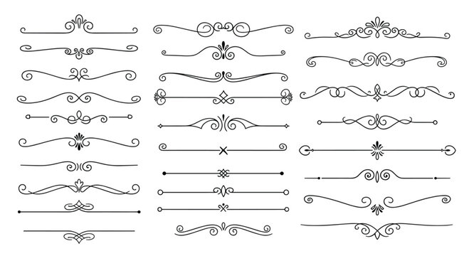 Elegant set of black decorative flourishes and calligraphic dividers for formal document headers book design or vintage wedding invitations.