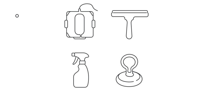 Collection of 4 icons for smart window cleaning robot, glass cleaner, squeegee, and spray bottle tools in a vector icon set with editable stroke for modern automated home maintenance services.