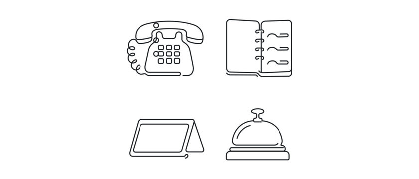 Front desk reception vector icon set featuring multiline telephone visitor logbook desk nameplate and reception bell in a minimalist flat design with an editable stroke for professional office use