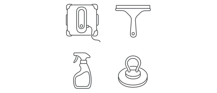 Smart window cleaning robot and glass maintenance vector icon set featuring collection of 4 icons including squeegee, spray bottle, suction cup, and automated robotic glass cleaner devices.