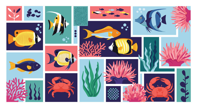 Colorful underwater collage featuring various tropical fish species like angelfish and butterflyfish along with crabs coral and sea plants.