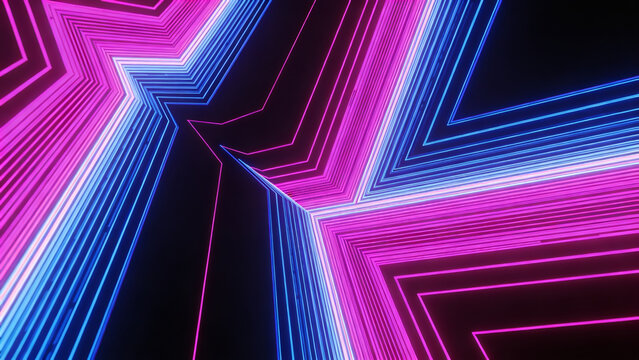 Vibrant neon geometric lines in blue and pink forming star shapes in a futuristic, abstract tunnel.
