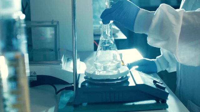 Scientist performing chemical experiment in laboratory.