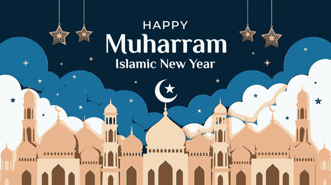 Commemorate the Islamic New Year with a serene depiction of a mosque illuminated by starry skies and crescent moon celebrating the arrival of Muharram with cultural significance and spiritual
