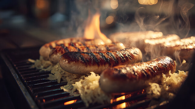 Grilled bratwurst with steaming sauerkraut and char marks over open flame in cozy beer garden setting, savory aroma and warm golden light creating appetizing mood
