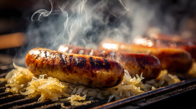 Grilled bratwurst with steaming sauerkraut on hot charcoal grill, golden brown sausage with charred marks and rising smoke conveying savory, rustic beer garden atmosphere