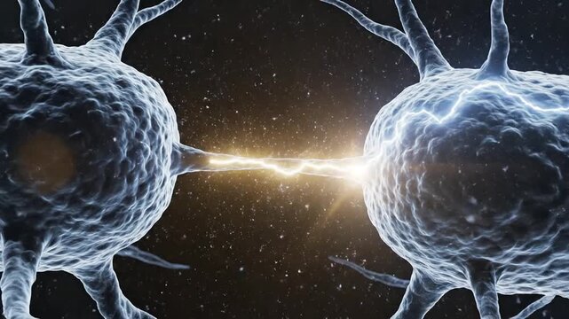 Close-up of two neurons transmitting electrical signals.