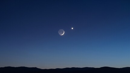 A thin crescent moon paired with a bright planet (Venus) in the twilight sky just after sunset. Deep blue gradient, no clouds. Simple, elegant, for astronomy content © Dissanayaka