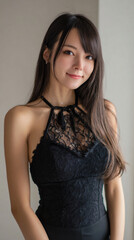 Fototapeta premium smiling japanese woman portrait in black lace fashion top, elegant asian female beauty studio portrait with natural expression, modern fashion portrait of cute japanese model with long hair