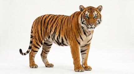Obraz premium A majestic Bengal tiger stands proudly in a studio setting with a clean white background, showcasing its iconic orange and black stripes.