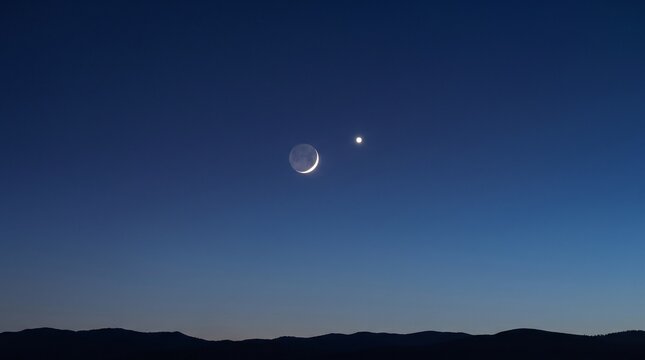 A thin crescent moon paired with a bright planet (Venus) in the twilight sky just after sunset. Deep blue gradient, no clouds. Simple, elegant, for astronomy content