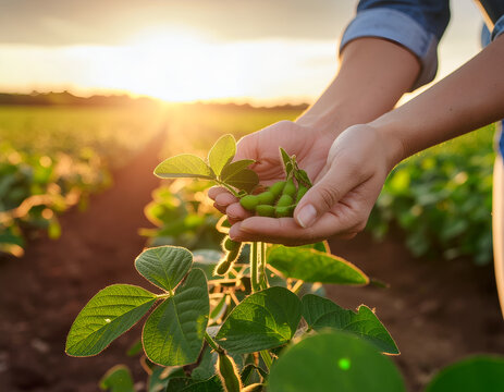 A farmer's hands gently hold a pod of soybeans in a sunlit field, showcasing the bounty of the harvest.