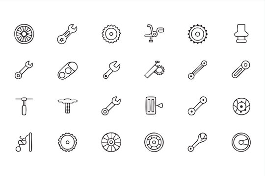Cycling repair icons, bicycle tools, wheels and drivetrain components for workshop use