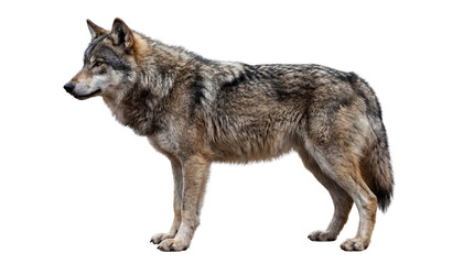 Majestic grey wolf stands alert, showcasing its powerful physique and wild beauty on a pristine white background, a symbol of untamed wilderness and predatory grace © Graphic Studio