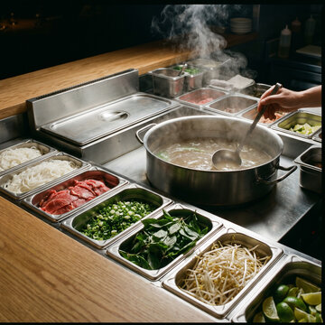 Steaming metal pot of broth being stirred with a ladle, surrounded by fresh pho ingredients including sliced raw meat, bean sprouts, herbs, green onions, noodles, and lime wedges in a kitchen prep sce