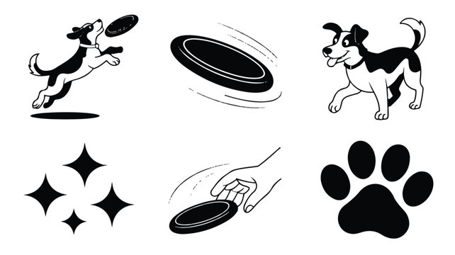 Black and white illustrations of dogs playing with frisbees and paw prints