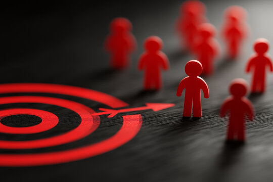 Red dartboard and black arrow connection linkage with human icon for customer focus target group and customer relation management concept