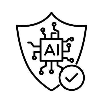 AI security shield icon with circuit chip and check mark minimal line vector