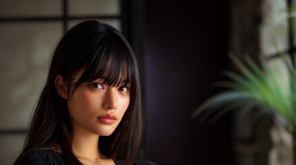 Fototapeta premium japanese female portrait studio beauty, asian woman headshot natural soft lighting, young japanese model minimal aesthetic closeup portrait
