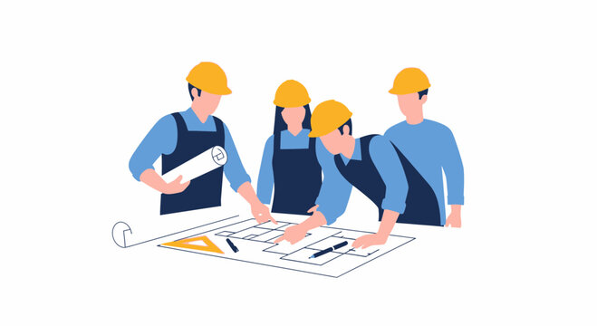 Construction team planning blueprint, teamwork, collaboration, engineering