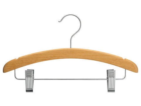 wooden hanger, metal hook, clips, garment hanger, clothes hanger, wood, metal, isolated, black background, clothing accessory, fas Wooden hanger with metal hook and clips, isolated on black background