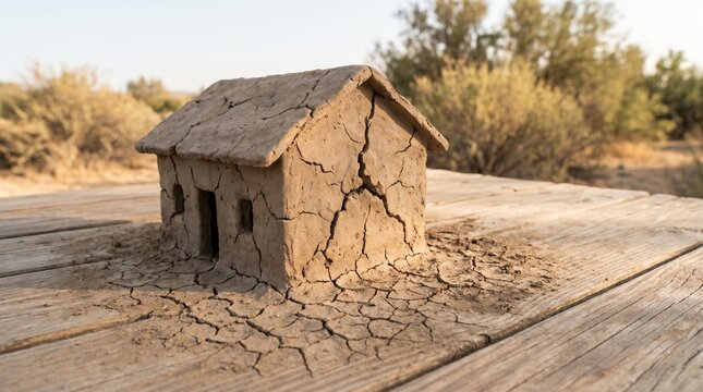 Small handmade mud house model showing severe drought cracks sitting on a weathered wooden table during a sunny day outside