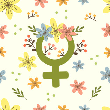 Female venus symbol with spring flowers and leaves seamless pattern vector illustration.