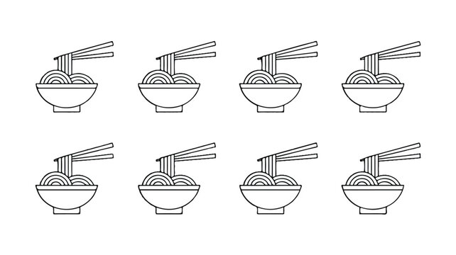 line drawing of multiple bowls of noodles with chopsticks on white