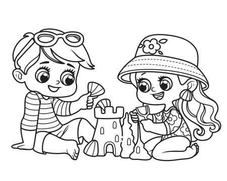 Cute cartoon boy and girl in a swimsuits building a sand castle outlined on white background