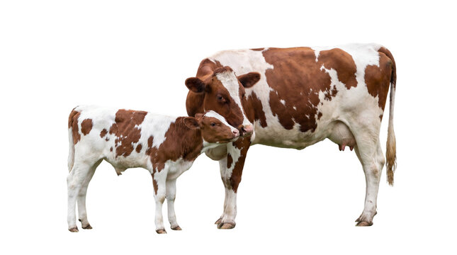 A brown and white cow standing next to a small calf on a white background, representing farm animals and livestock