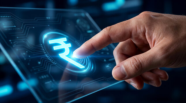 Human finger touches a glowing digital indian rupee currency symbol displayed on a modern translucent screen within a futuristic interface