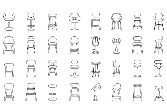 Bar stool and chair icons, furniture seating collection for kitchen and cafe design