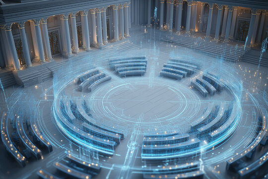 Visual of a futuristic parliament with holographic economic policy presentations, concept of modern legislative economics