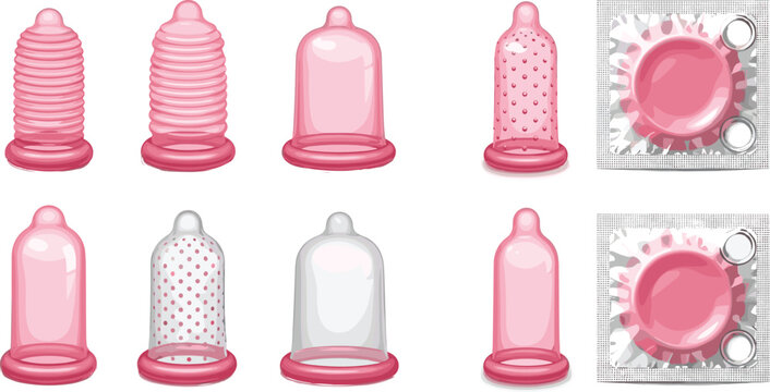 Condom Variations Set with Different Textures Shapes and Packaging for Safe Protection Concept and Sexual Health Awareness Vector Illustration Collection.